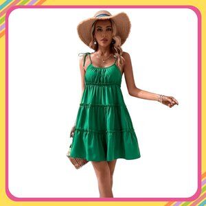 Tie-shoulder Ruffle-Hem Cami Green Dress – Size Large (like M)